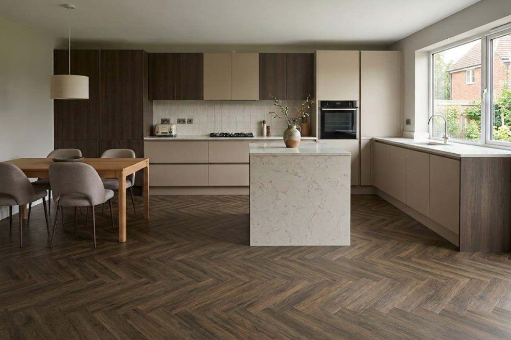 Spectra Luxury Acoustic Rigid Core Click Vinyl Flooring Cocoa Oak Herringbone Built-In