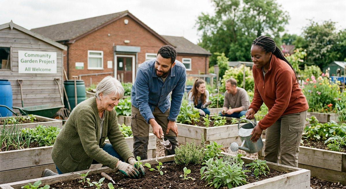 Firefly Gemini Flash Create a realistic UK community scene showing people working together in a positive 489348