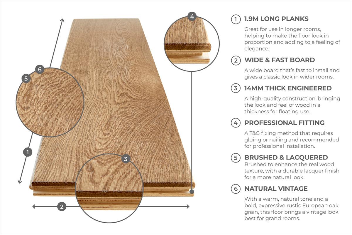 Galleria Professional Engineered European Rustic Oak Flooring 14mm x 190mm Tawny Brown Lacquered
