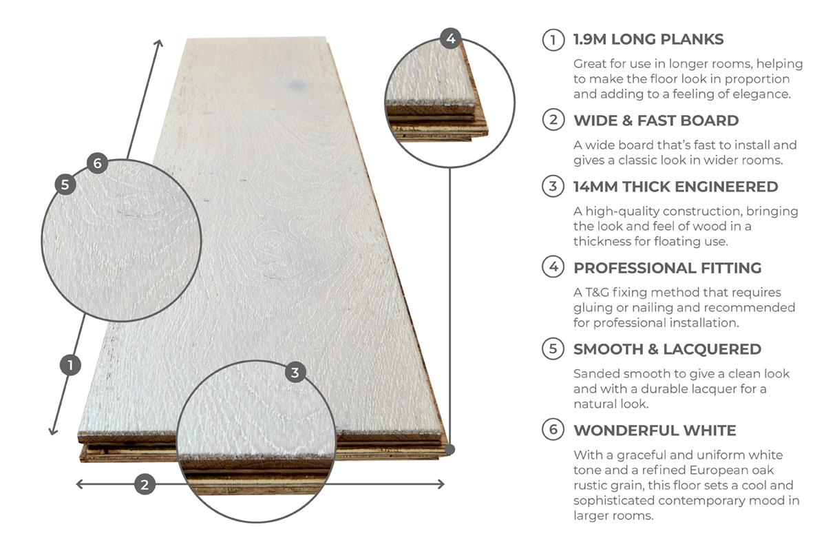 Galleria Professional Engineered European Rustic Oak Flooring 14mm X 190mm Winter Dawn Lacquered