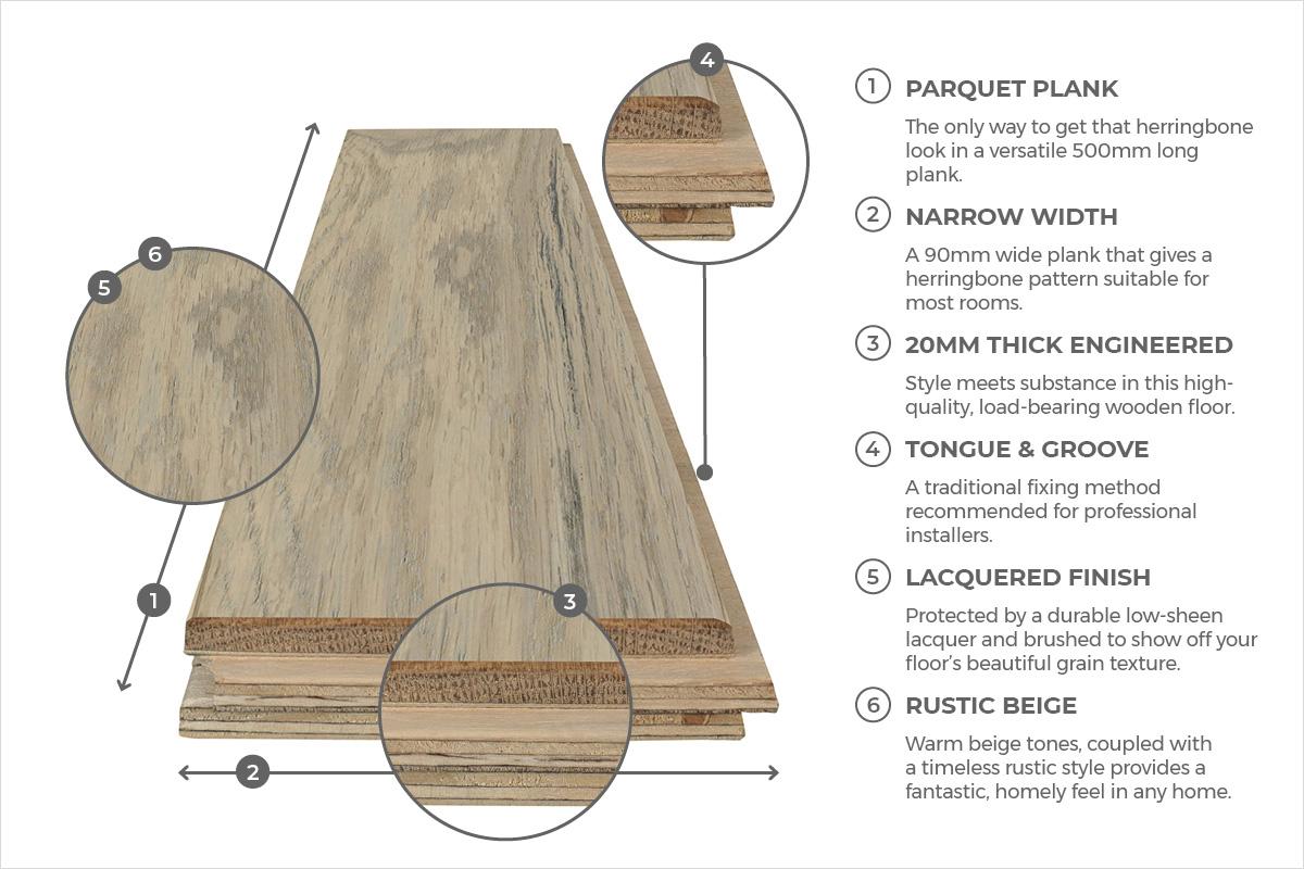 Galleria Professional Engineered Rustic Oak Herringbone Flooring 20mm x 90mm Beige Lacquered