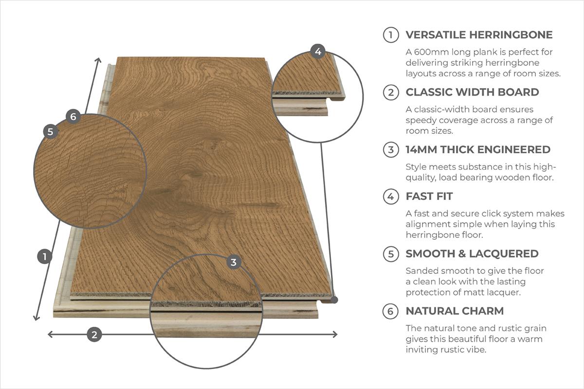 Home Choice Engineered European Rustic Oak Herringbone Flooring 14mm x 150mm Natural Matt Lacquered
