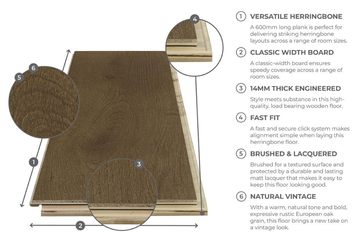 Home Choice Engineered European Rustic Oak Herringbone Flooring 14mm x 150mm Bronze Matt Lacquered