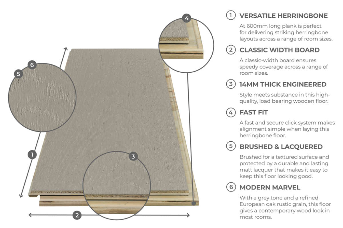 Home Choice Engineered European Rustic Oak Herringbone Flooring 14mm x 150mm Platinum Matt Lacquered