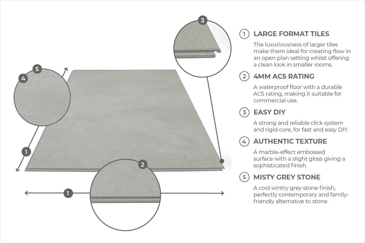 Life Misty Grey Tile Luxury Rigid Core Click Vinyl Flooring