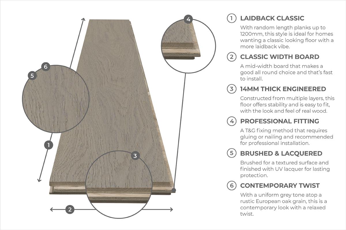 Mega Deal Engineered Rustic Oak Flooring 14mm x 125mm Mist Grey Lacquered