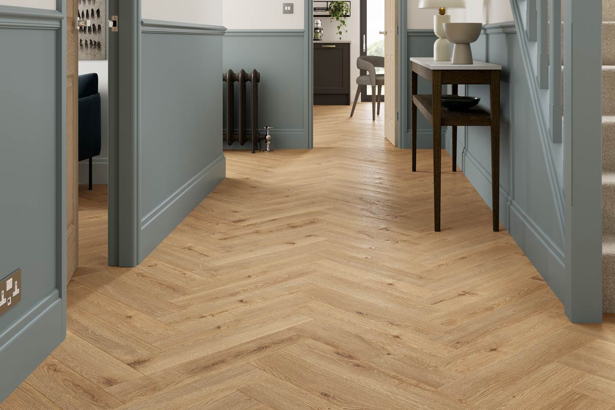 Series Woods 8mm Herringbone Laminate Flooring Sand Oak