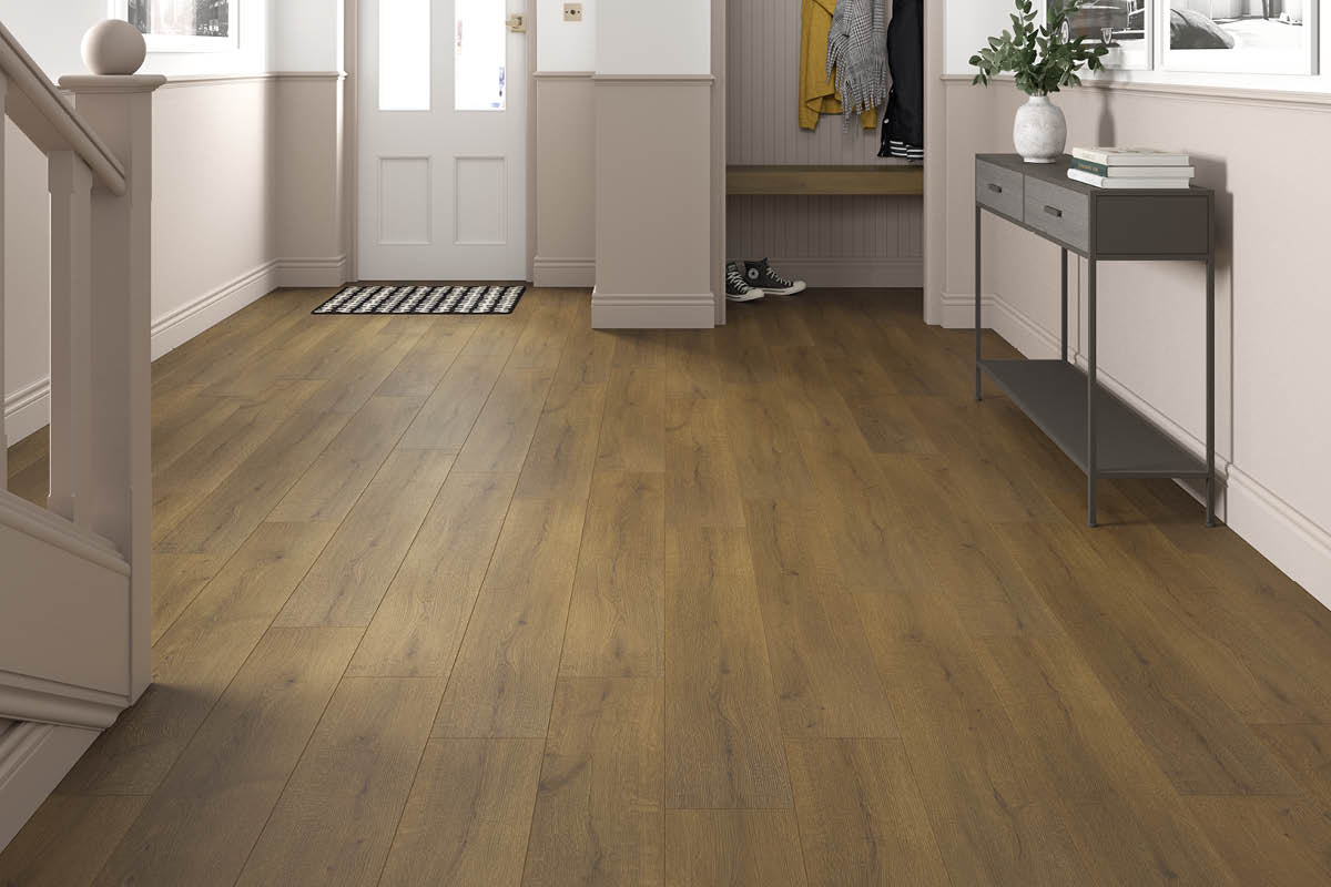 Series Woods 8mm Acoustic Laminate Rich Caramel Oak Built-in Underlay