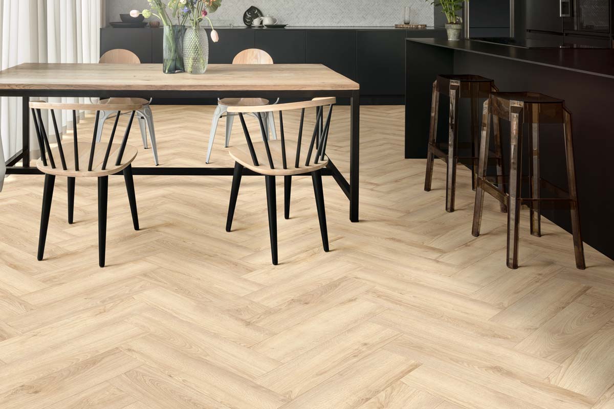 Spectra Luxury Acoustic Rigid Core Click Vinyl Flooring Almond Oak Herringbone Built-In Underlay