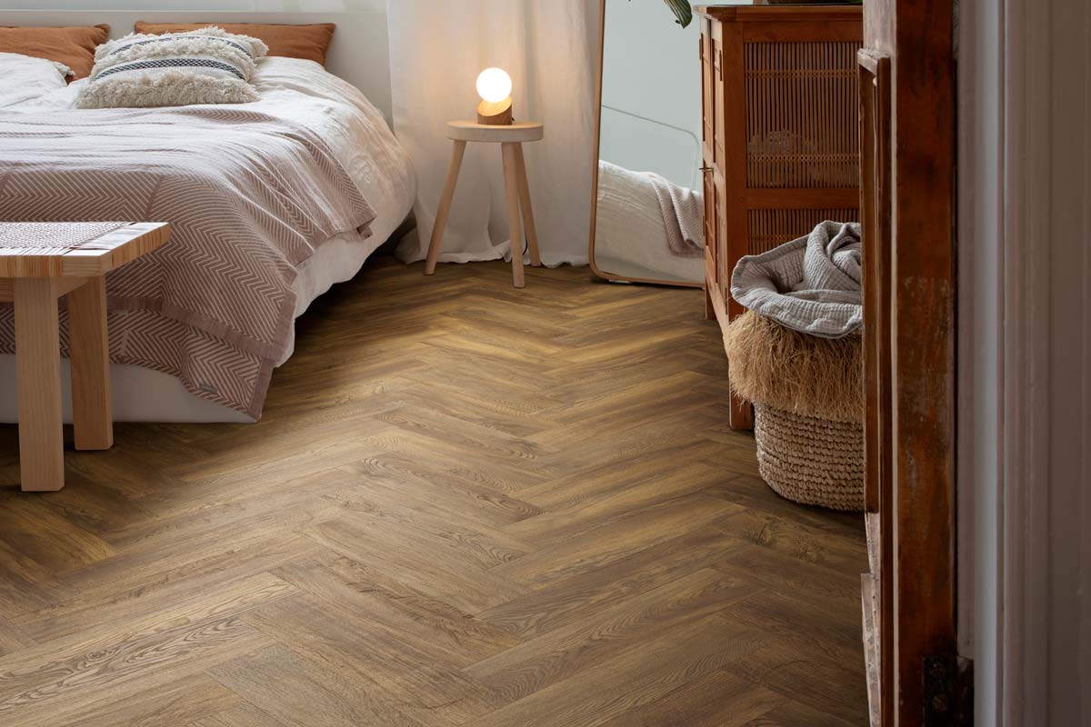 Spectra Luxury Acoustic Rigid Core Click Vinyl Flooring Cocoa Oak Herringbone Built-In Underlay