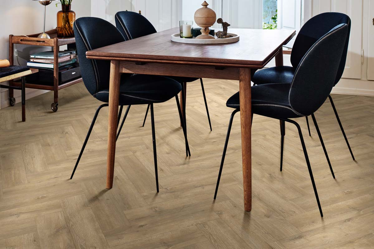 Spectra Luxury Acoustic Rigid Core Click Vinyl Flooring Latte Oak Herringbone Built-In Underlay