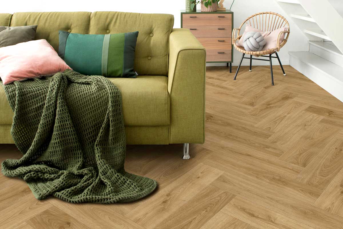 Spectra Luxury Acoustic Rigid Core Click Vinyl Flooring Roasted Peanut Oak Herringbone Built-In Underlay