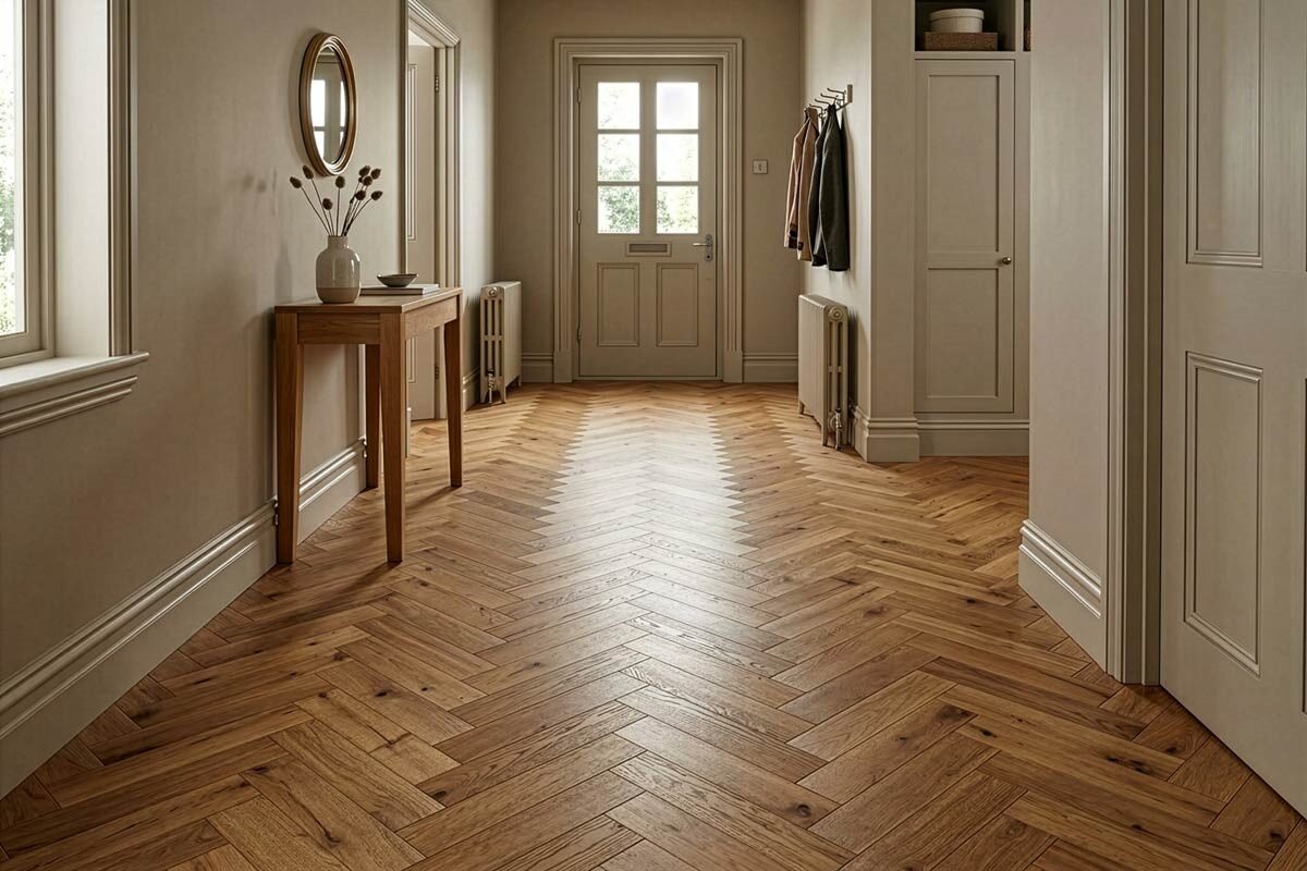 Home Choice Engineered Rustic Oak Herringbone 10mm x 90mm Butterscotch Brushed UV Lacquered