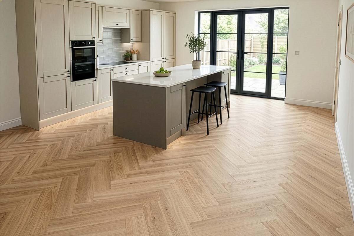 Spectra Luxury Acoustic Rigid Core Click Vinyl Flooring Almond Oak Herringbone Built-In Underlay