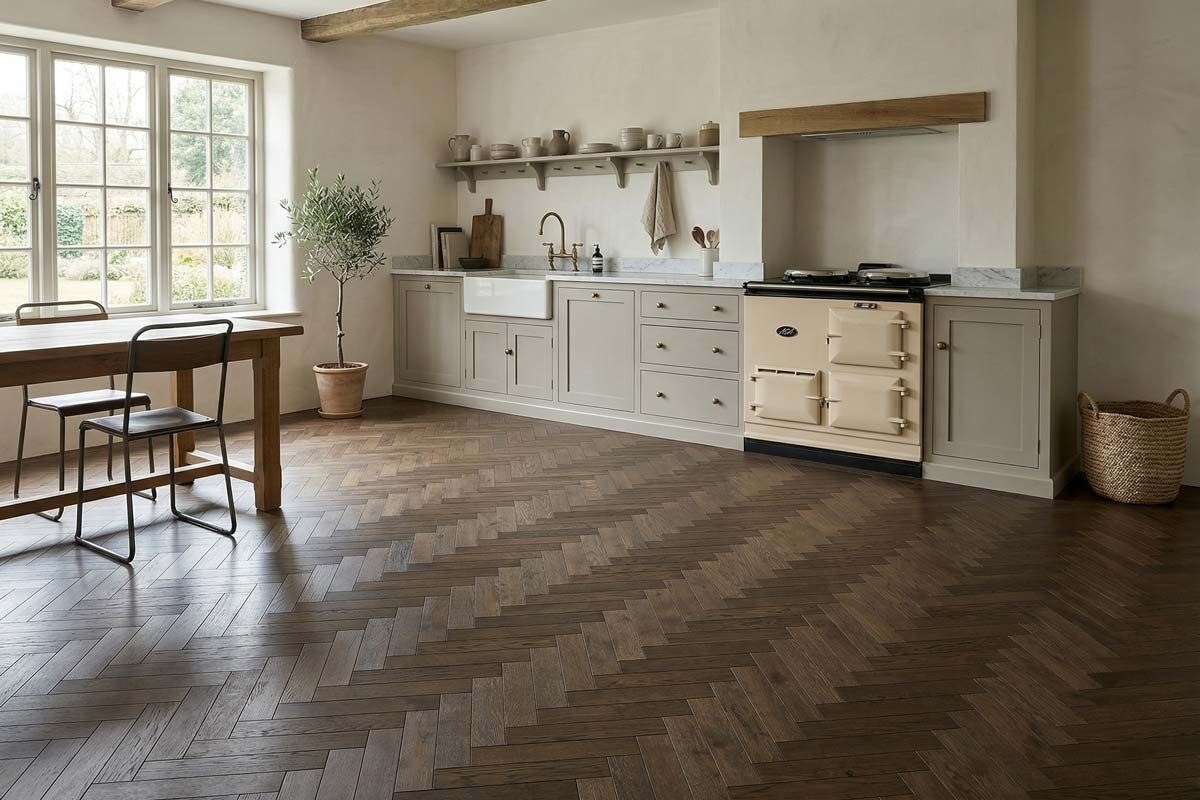 Home Choice Engineered Rustic Oak Herringbone 10mm x 90mm Affogato Brushed UV Lacquered
