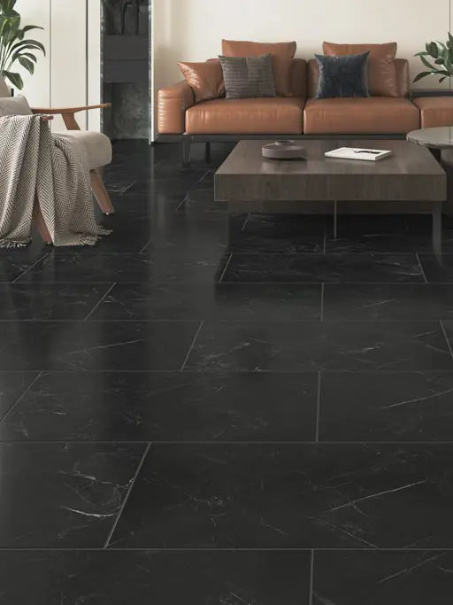 Audacity Rigid Core Pre Grout Click Vinyl Flooring Black Marble Tile Built In Underlay Black