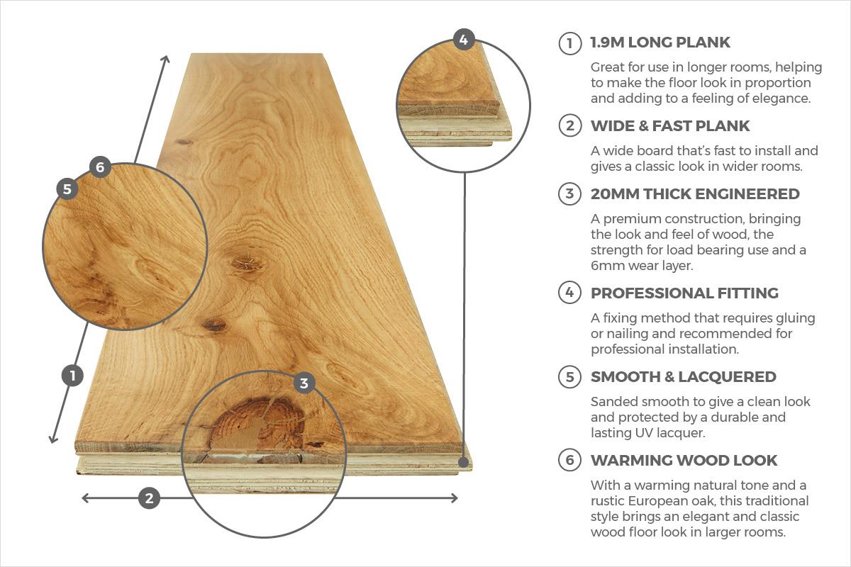 Galleria Professional Engineered European Rustic Oak Flooring 20mm x 190mm Lacquered