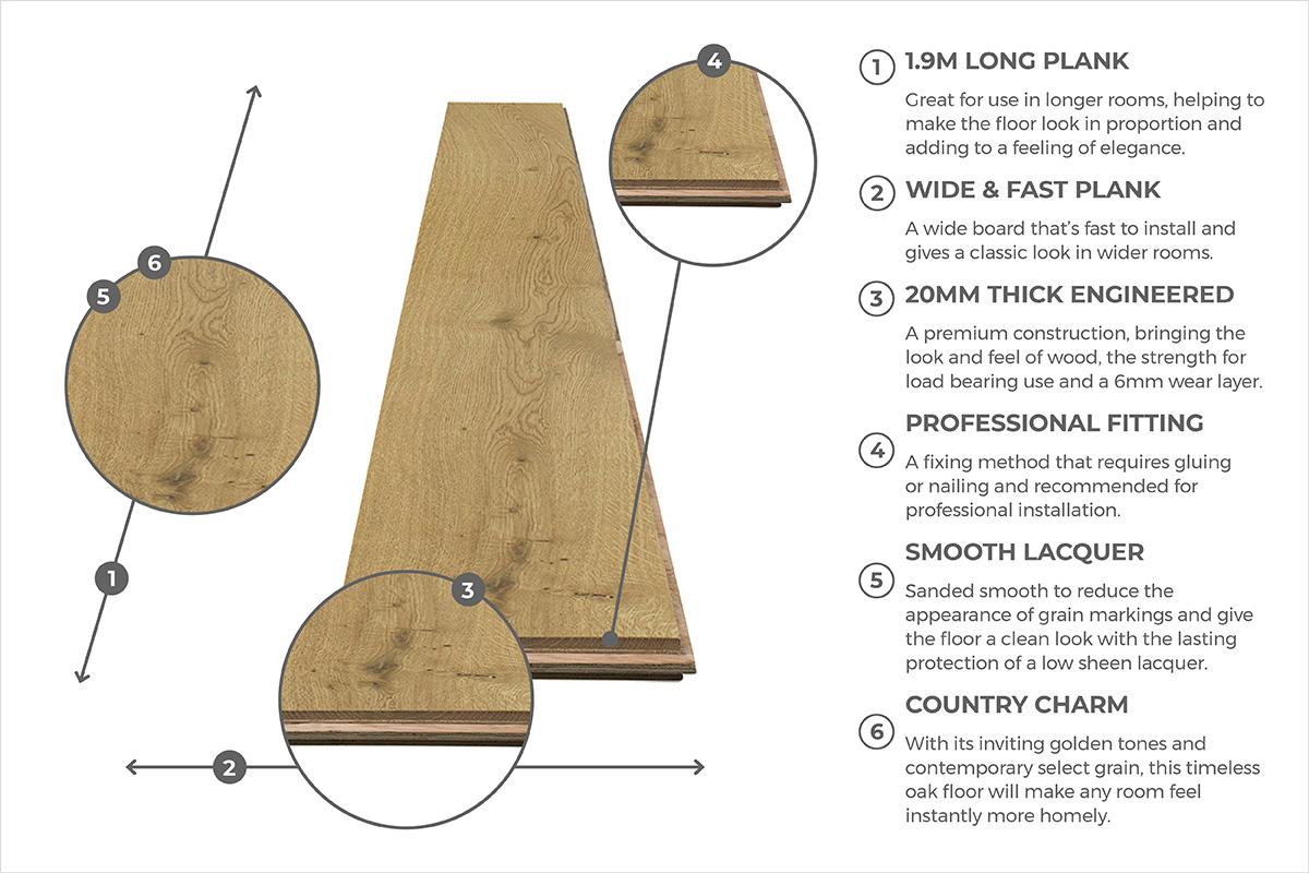 Galleria Professional Engineered Select Oak Flooring 20mm x 190mm Natural Lacquered