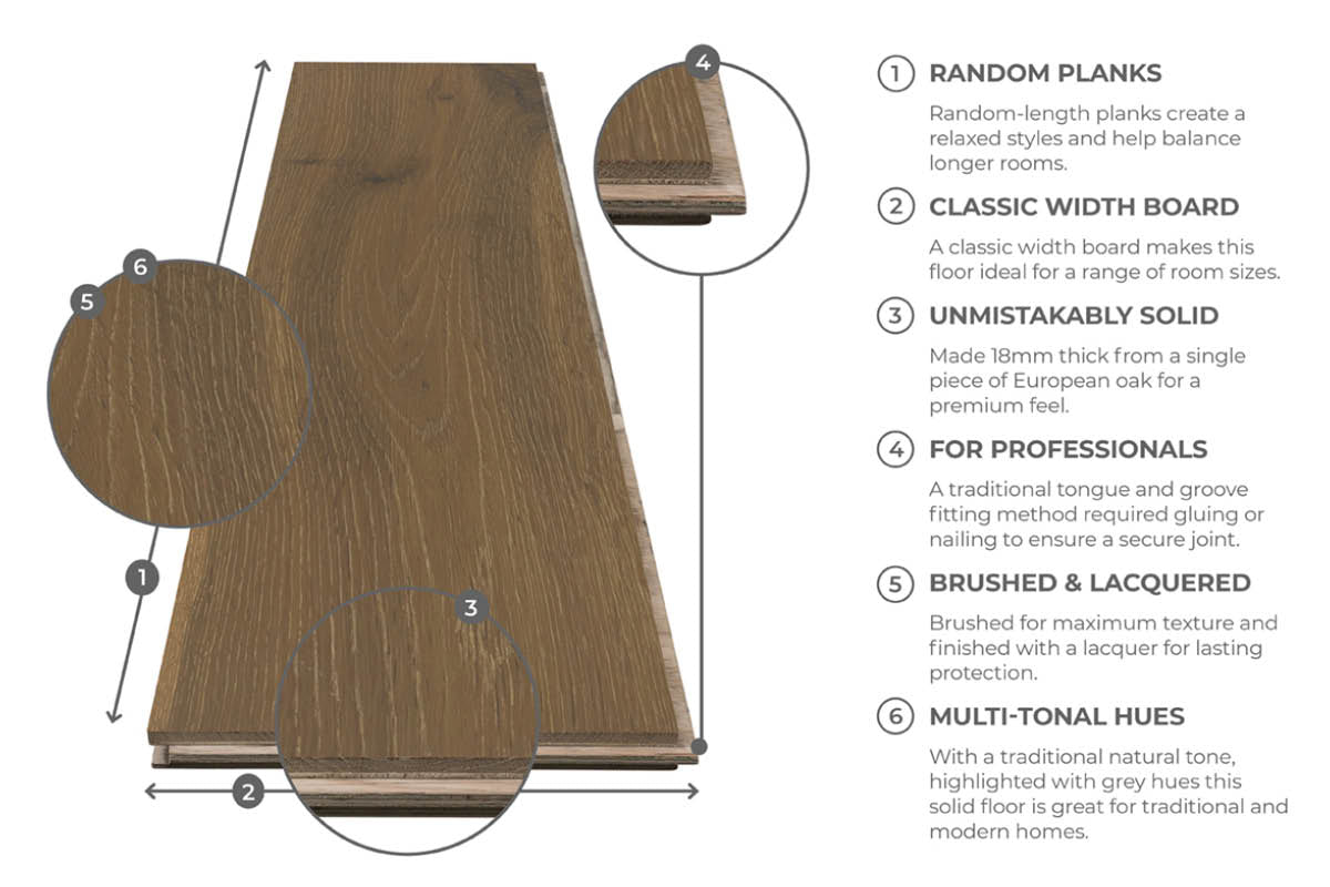 Galleria Professional Solid European Rustic Oak Flooring 18mm x 150mm Stoney Grey Brushed & Lacquered