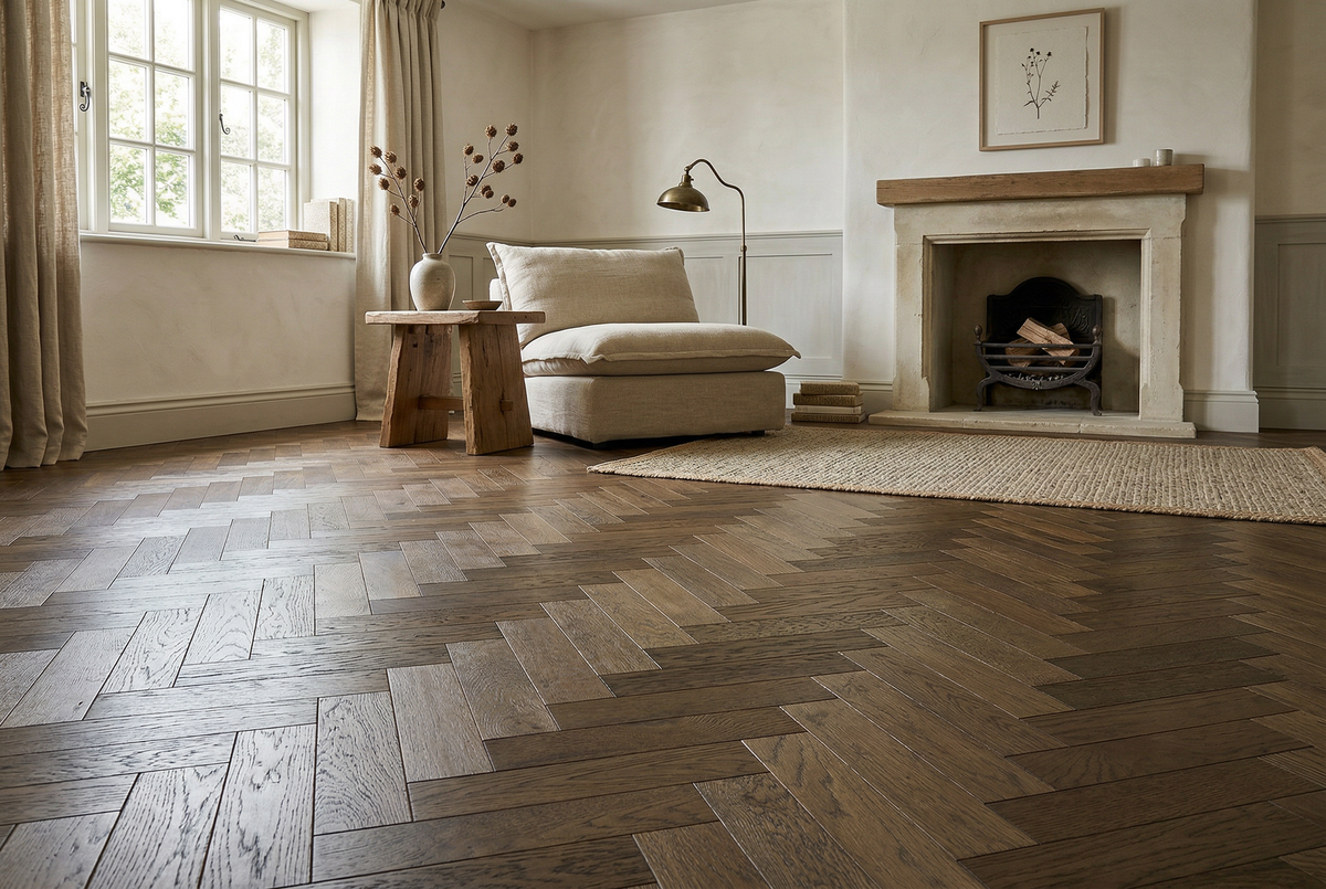 Home Choice Engineered Rustic Oak Herringbone 10mm x 90mm Affogato Brushed UV Lacquered Roomset Kitchen livi