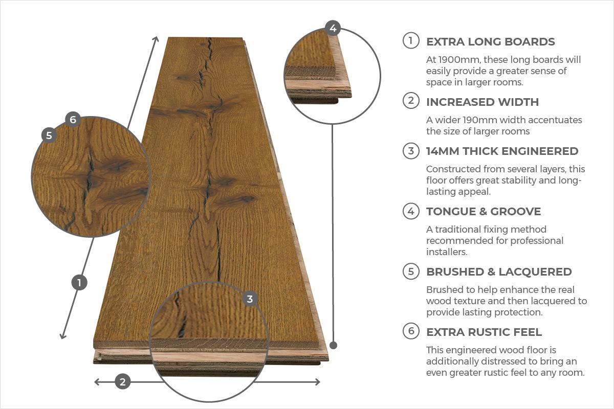 Galleria Professional Distressed Extra Rustic Engineered Oak Flooring 14mm x 190mm Gingerbread Lacquered