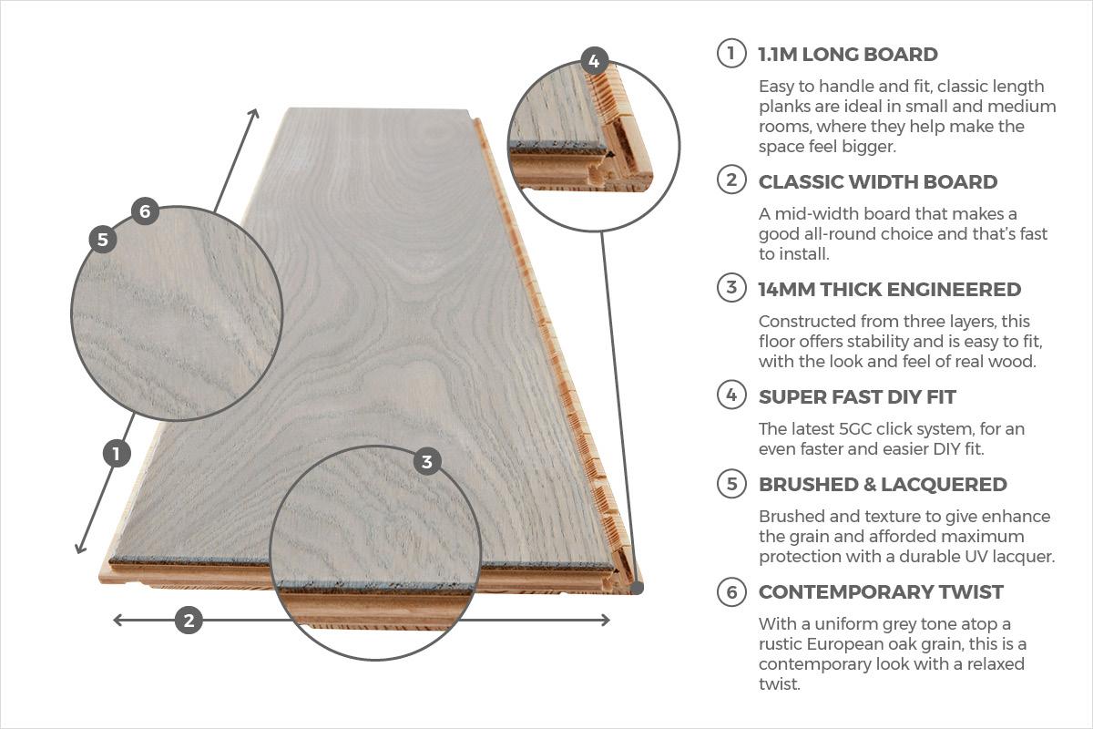 Home Choice Engineered European Rustic Oak Flooring 14mm x 130mm Paloma Grey Piccolo Lacquered