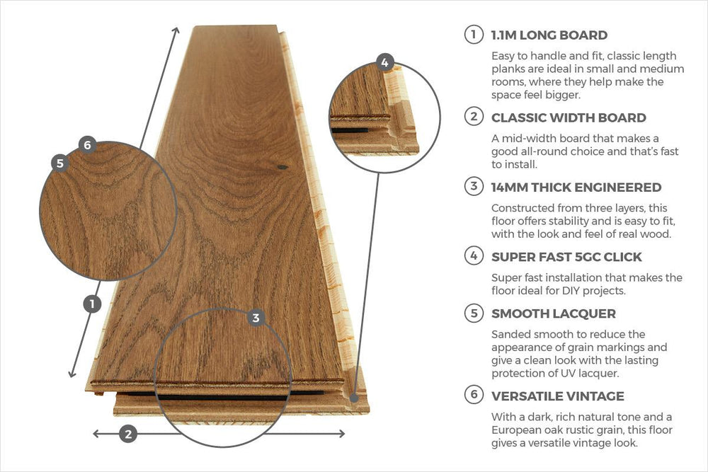 Home Choice Engineered European Rustic Oak Flooring 14mm x 180mm Brown Sugar Lacquered