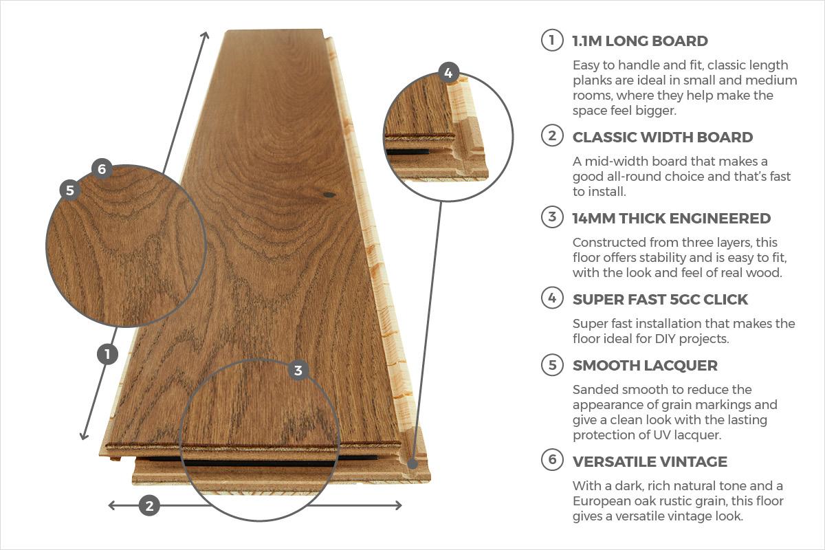 Home Choice Engineered European Rustic Oak Flooring 14mm x 180mm Brown Sugar Lacquered