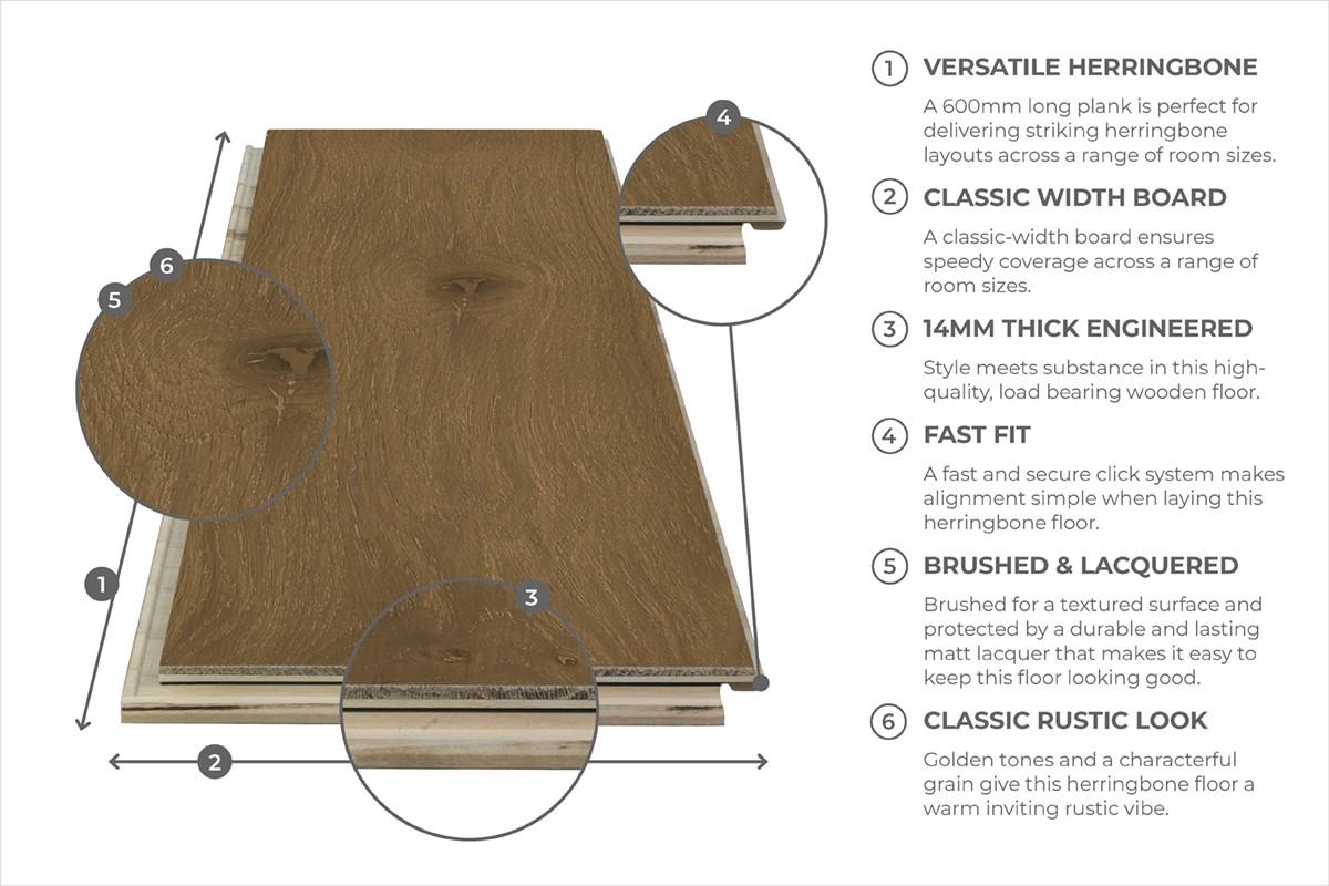 Home Choice Engineered European Rustic Oak Herringbone Flooring 14mm x 150mm Gold Matt Lacquered
