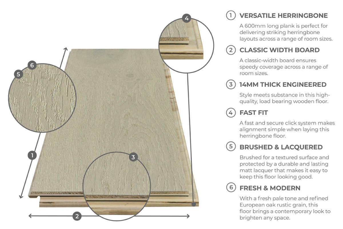 Home Choice Engineered European Rustic Oak Herringbone Flooring 14mm x 150mm Pearl Matt Lacquered