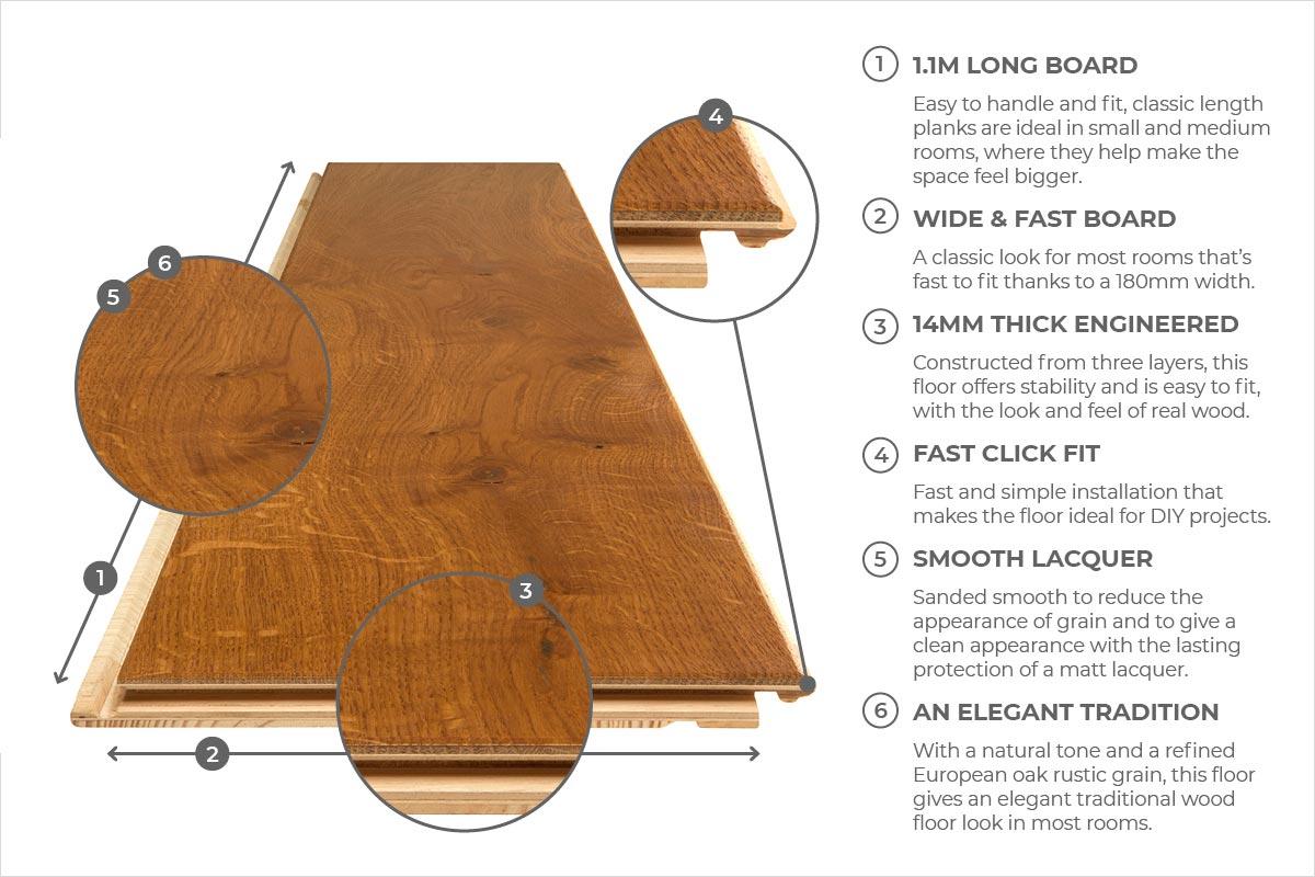 Home Choice Engineered European Rustic Oak Flooring 14mm x 180mm Honey Lacquered