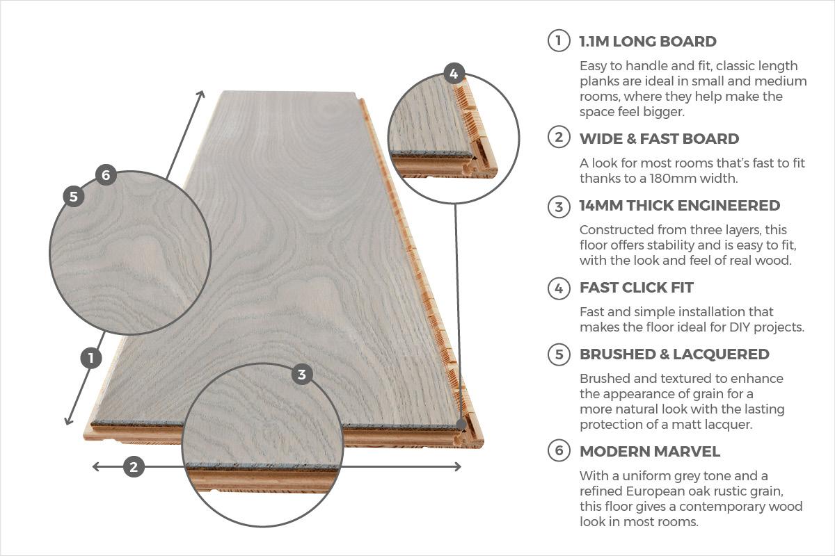 Home Choice Engineered European Rustic Oak Flooring 14mm x 180mm Paloma Grey Lacquered