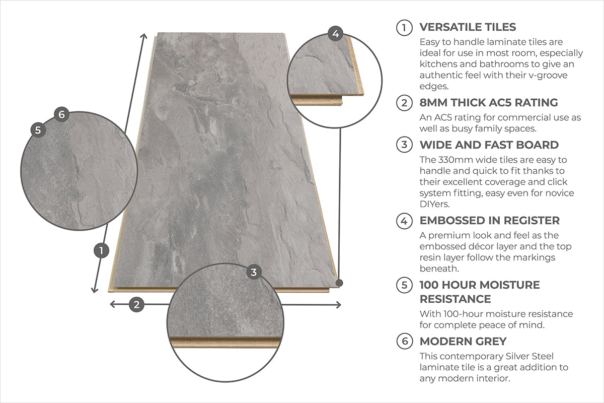 Aqualock 8mm Laminate Tile Silver Steel