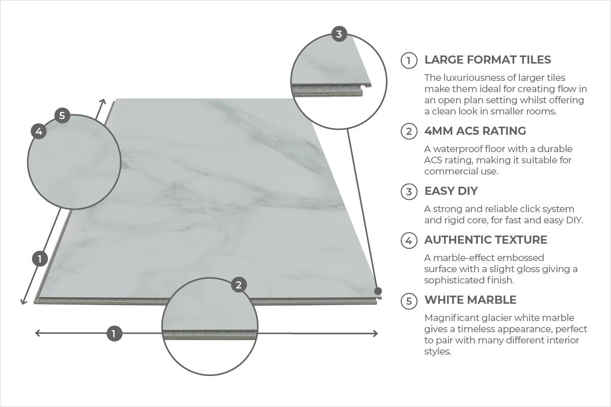 Life Glacier White Marble Tile Luxury Rigid Core Click Vinyl Flooring