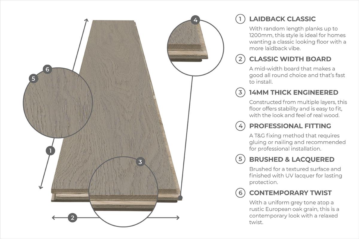 Home Choice Engineered Rustic Oak Flooring 14mm x 125mm Mist Grey Lacquered