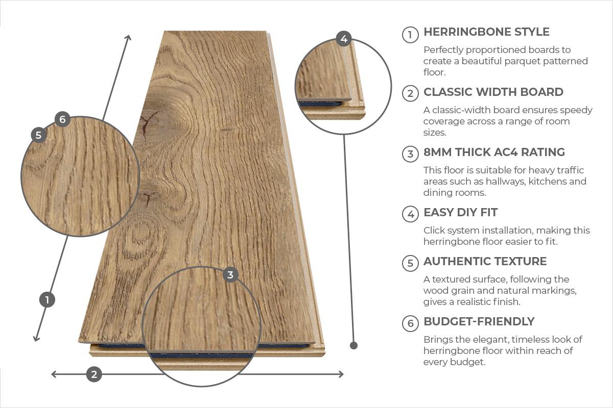 Series Woods 8mm Herringbone Laminate Flooring Gentle Gold Oak