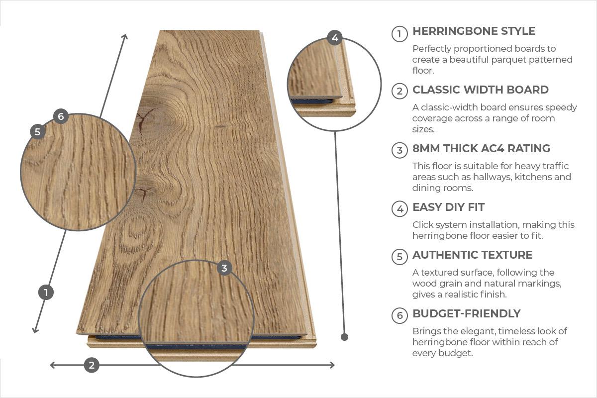 Series Woods Professional 8mm Herringbone Laminate Flooring Gentle Gold Oak
