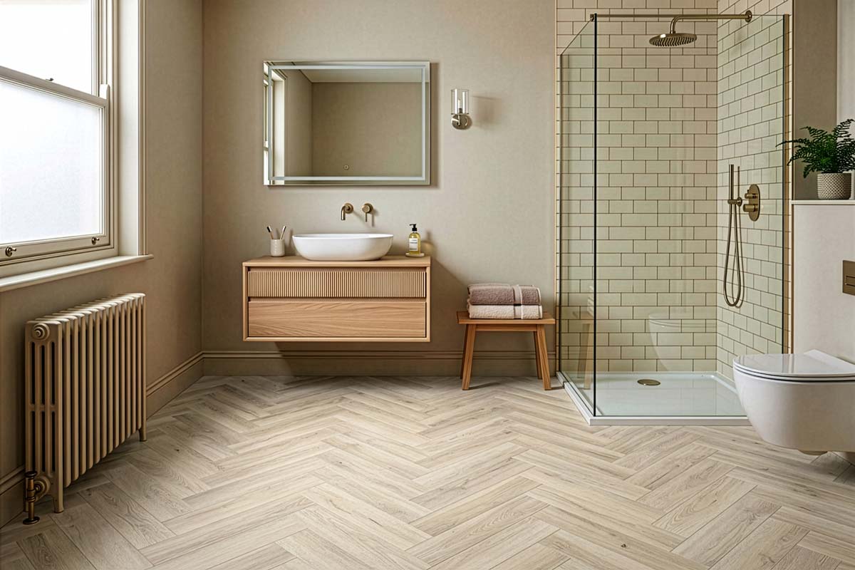 Spectra Luxury Acoustic Rigid Core Click Vinyl Flooring Almond Oak Herringbone Built-In