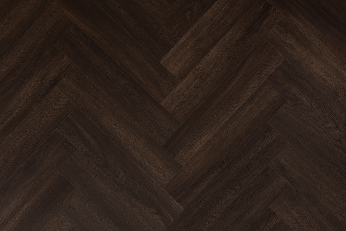 Spectra Luxury Acoustic Rigid Core Click Vinyl Flooring Dark Chocolate Oak Herringbone Built-In Underlay