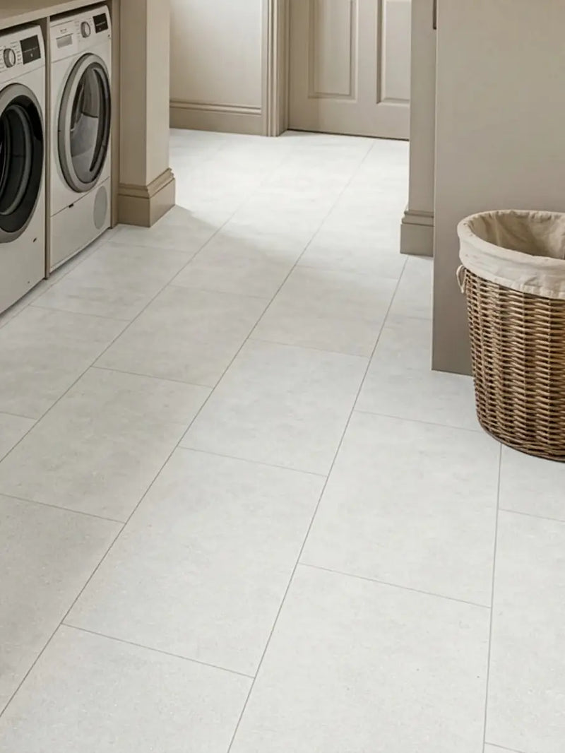 Spectra Luxury Gluedown Vinyl Flooring Chalkstone White Tile Roomset White