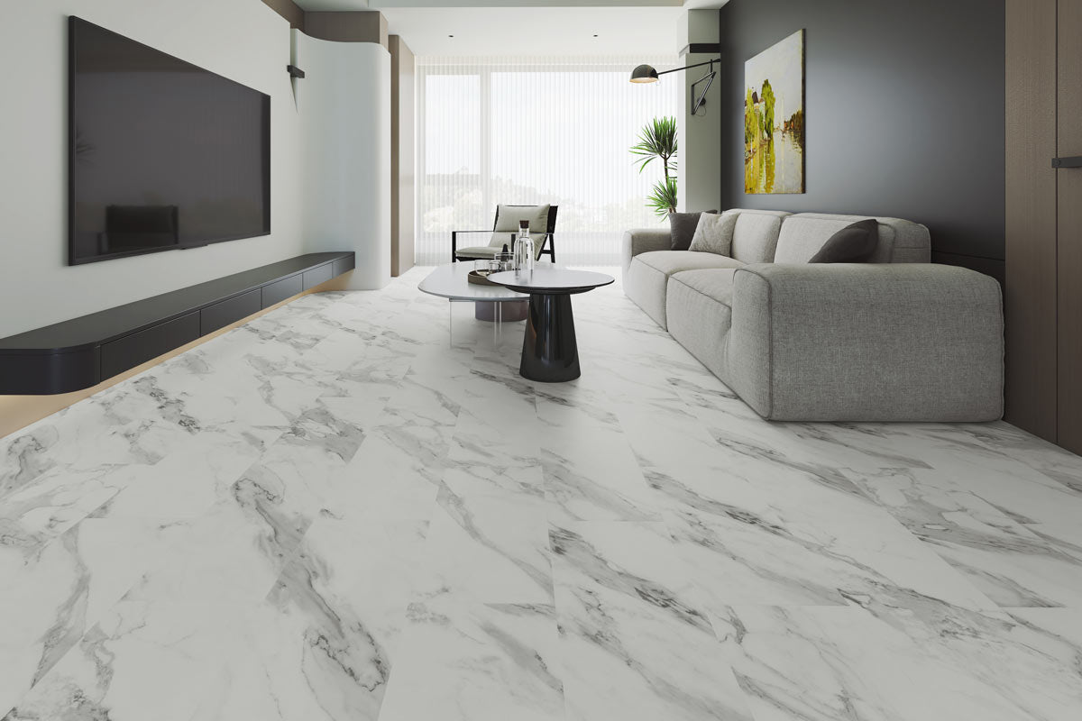 Spectra Luxury Rigid Core Click Vinyl Winter White Tile Room Scene