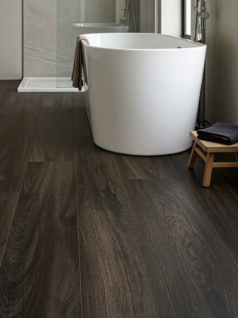 Spectra Luxury Acoustic Rigid Core Click Vinyl Flooring Dark Chocolate Oak Plank Built In Underlay Roomset Dark