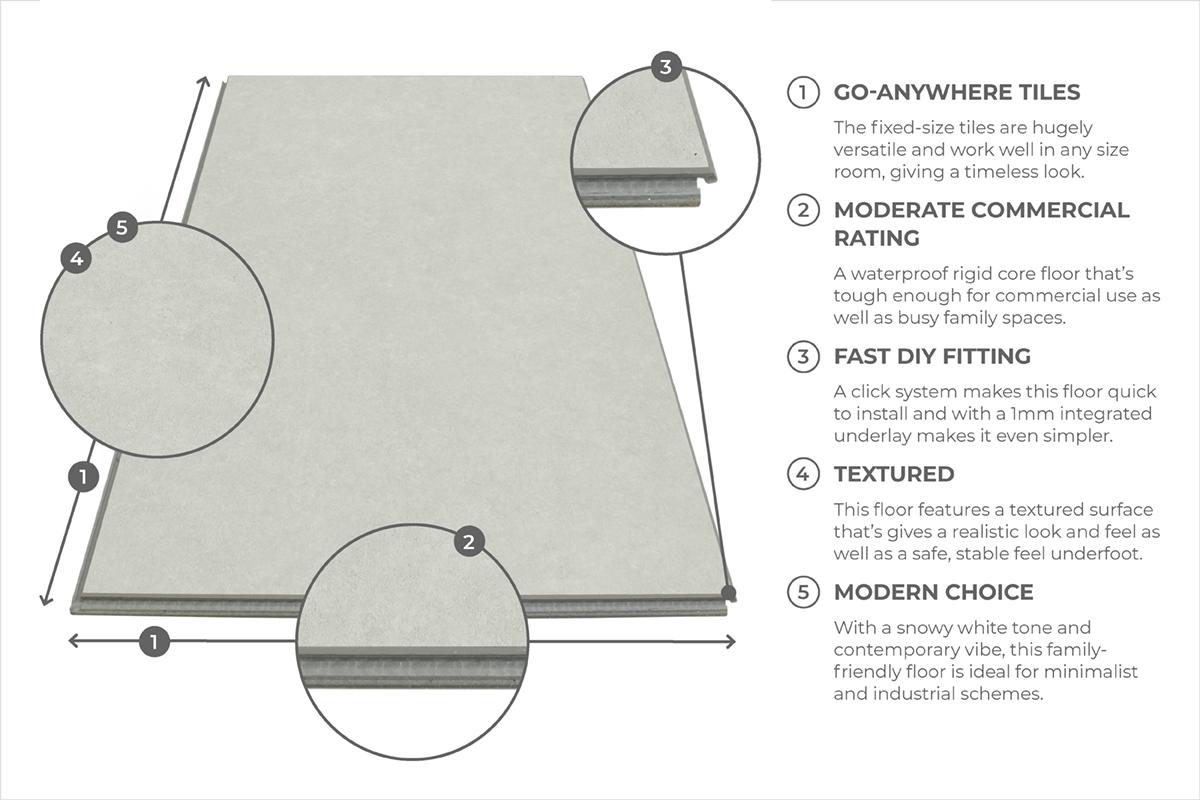 Spectra Luxury Rigid Core Click Vinyl Oyster White Tile Built-in Underlay