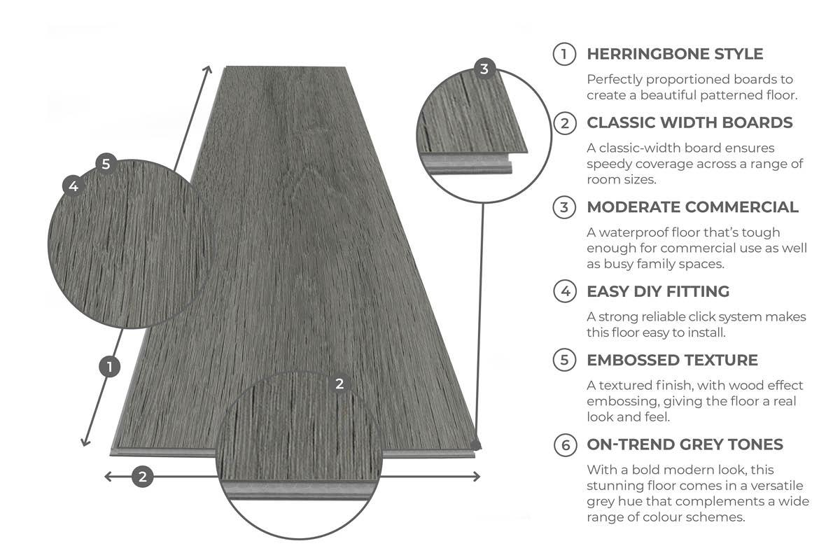 Spectra Luxury Rigid Core Click Vinyl Flooring Pewter Grey Herringbone