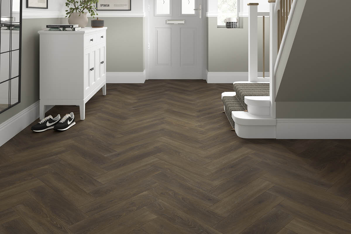 Spectra Luxury Rigid Core Click Vinyl Rich Chocolate Brown Herringbone Built-in Underlay