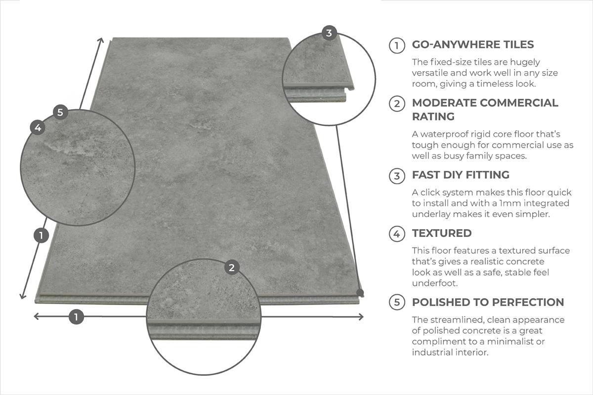 Modular Tile Click System Spectra Luxury Rigid Core Click Vinyl Smoke Grey Tile Built-in Underla