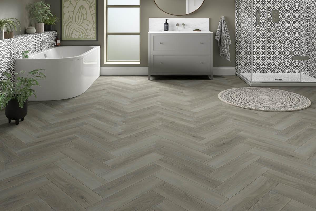 Spectra Luxury Rigid Core Click Vinyl Soft Pebble Grey Herringbone Built-in Underlay