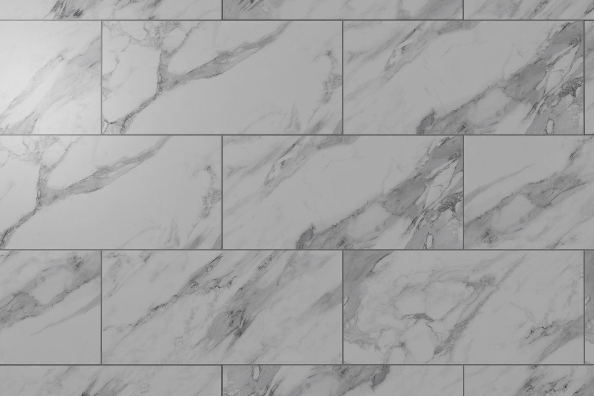 Audacity Rigid Core Pre-Grout Click Vinyl White Marble Tile Built-in U