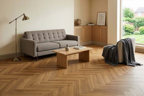 Spectra Luxury Acoustic Rigid Core Click Vinyl Flooring Roasted Peanut Oak Herringbone Built-In Underlay