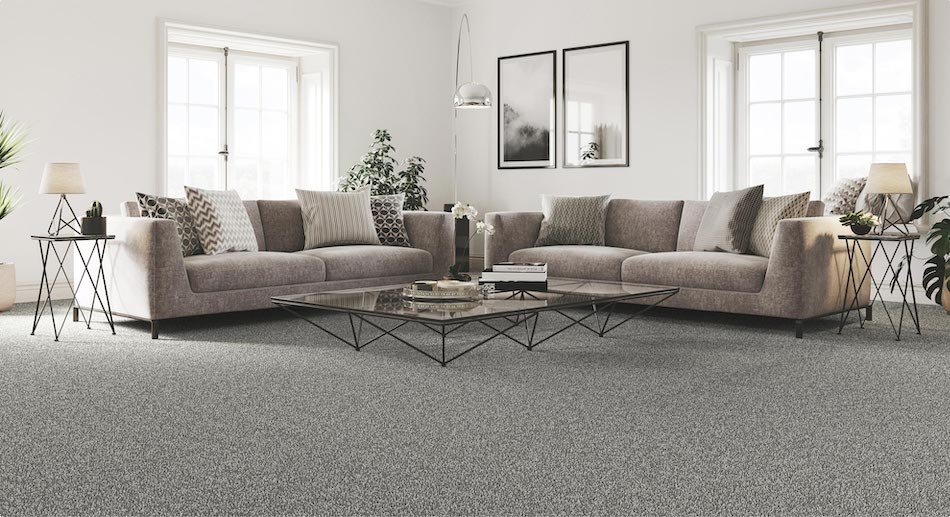 Spacious living room set with grey carpet